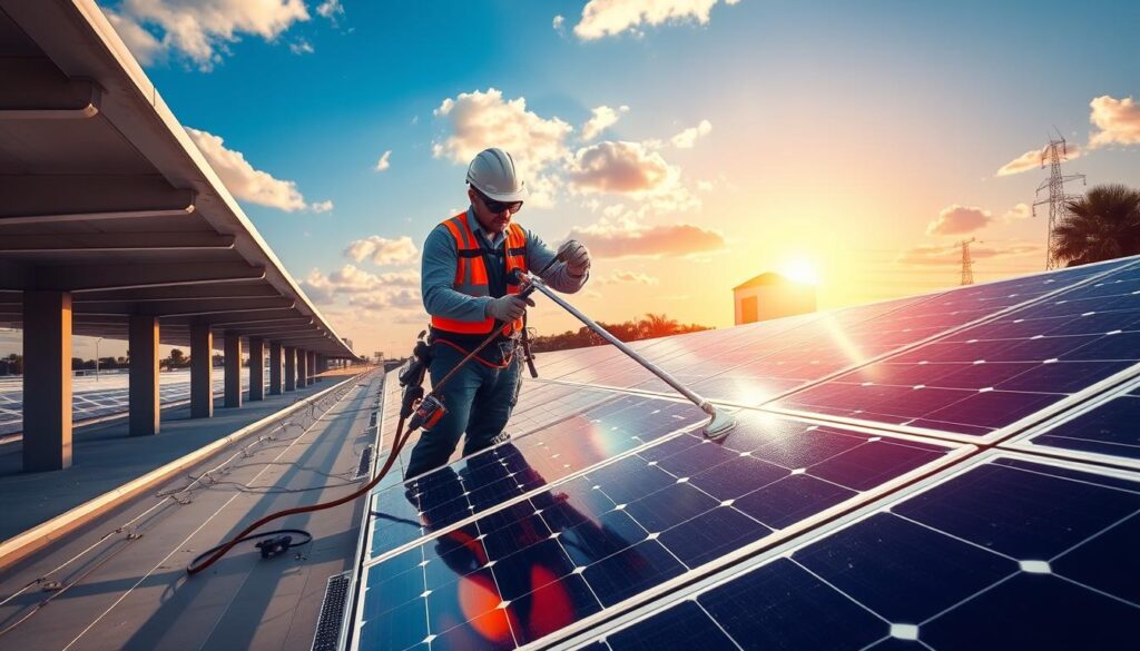 Generate an image of a solar panel cleaning technician at work in Tampa, FL.