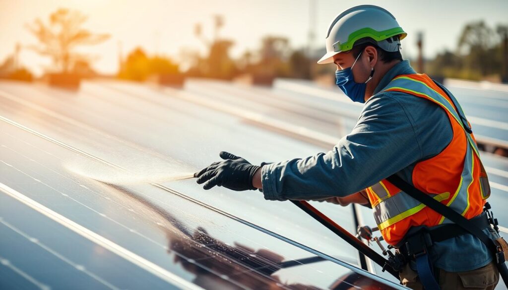 Generate an image of a solar panel cleaning technician at work in Wilmington, NC.