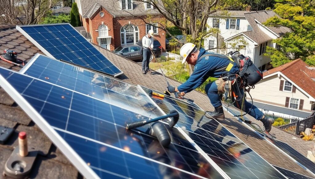 Generate an image of a solar panel cleaning technician at work on a residential property in Syracuse, NY.