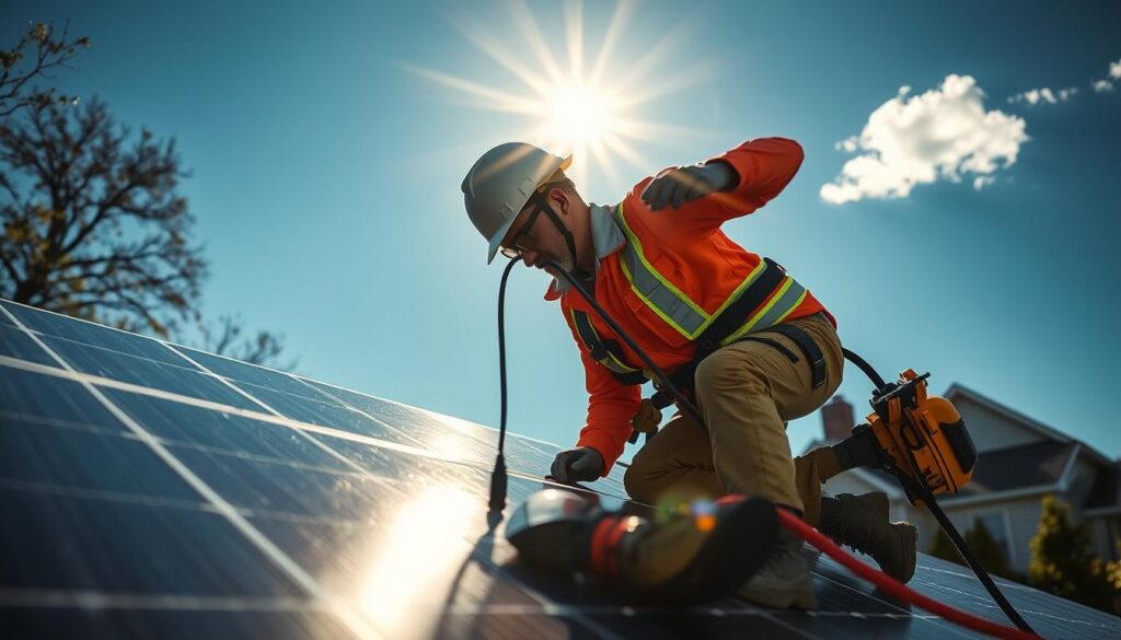 Generate an image of a solar panel cleaning technician at work on a residential rooftop in Syracuse, NY.