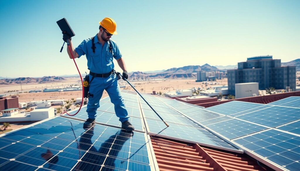 Generate an image of a solar panel cleaning technician in Las Vegas