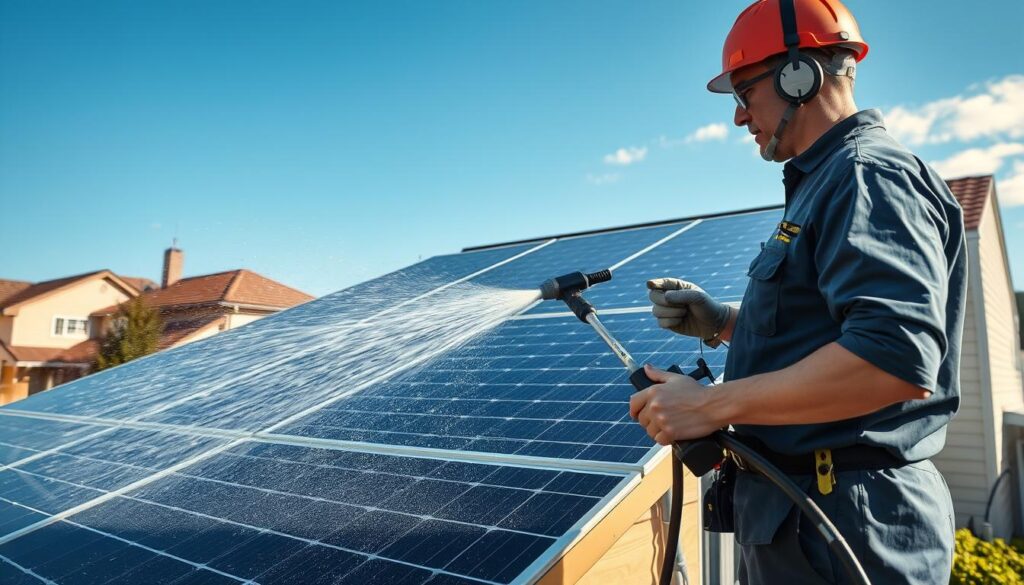 Generate an image of a solar panel cleaning technician in Passaic, NJ, using a soft washing technique on a residential solar panel system.