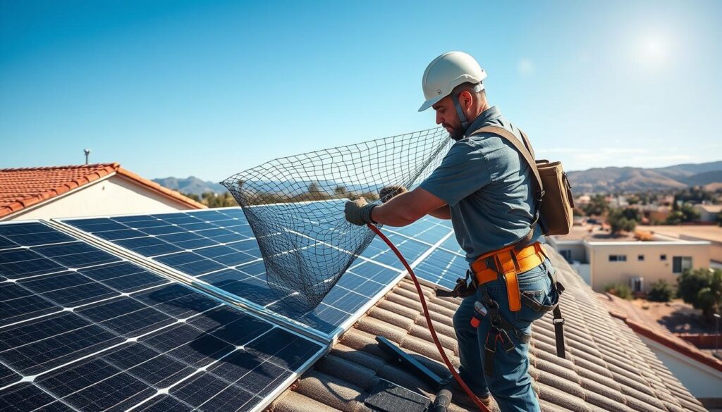 Generate an image of a solar panel cleaning technician installing bird-proof netting on a residential roof in Fresno, CA.