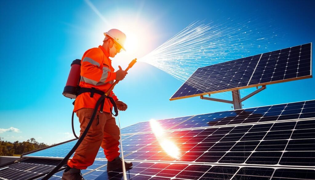 Generate an image of a solar panel cleaning technician using a water-fed pole to clean solar panels in Charlotte, NC.