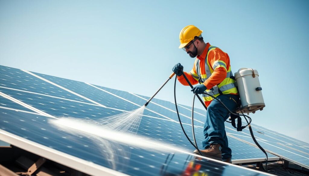 Generate an image of a solar panel cleaning technician using a water-fed portable system.