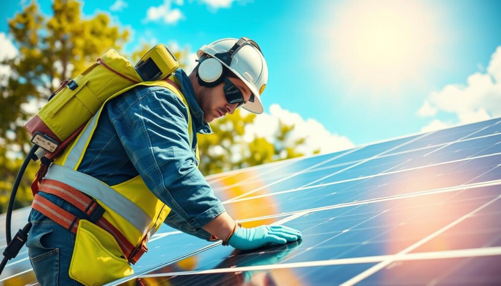 Generate an image of a solar panel cleaning technician using eco-friendly equipment.