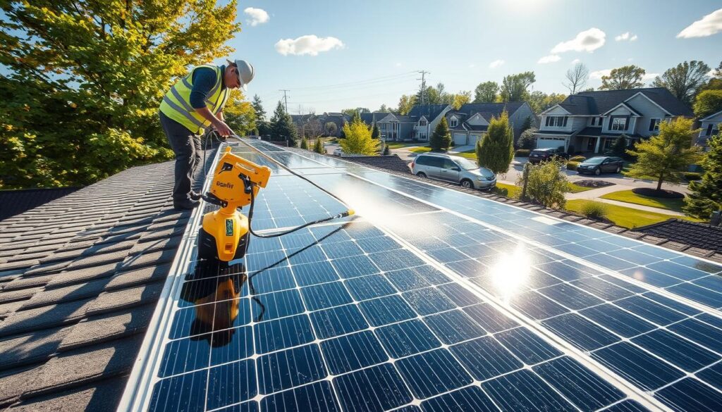 Generate an image of a solar panel cleaning technician using eco-friendly equipment to clean solar panels on a residential roof in Carmel, IN.
