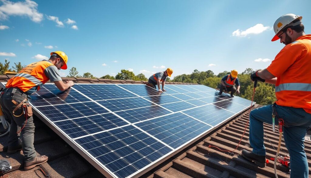 Generate an image of a solar panel installation team working on a rooftop in Warner Robins, GA.