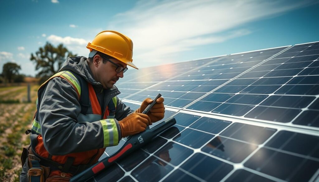 Generate an image of a solar panel maintenance technician inspecting a solar panel installation in Cedar Rapids, IA.