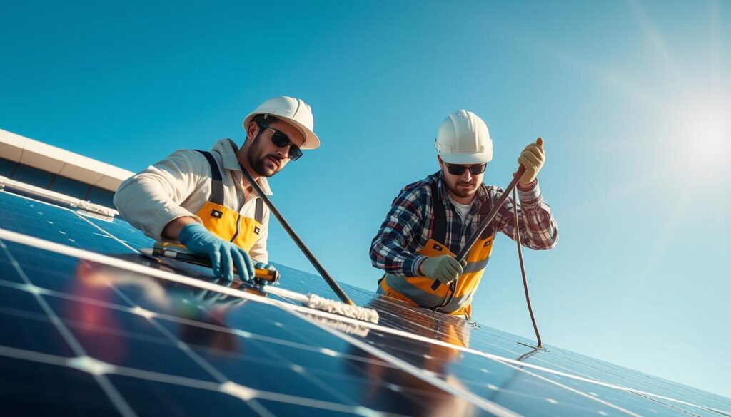 Generate an image of a solar panel system being cleaned and maintained by professionals.