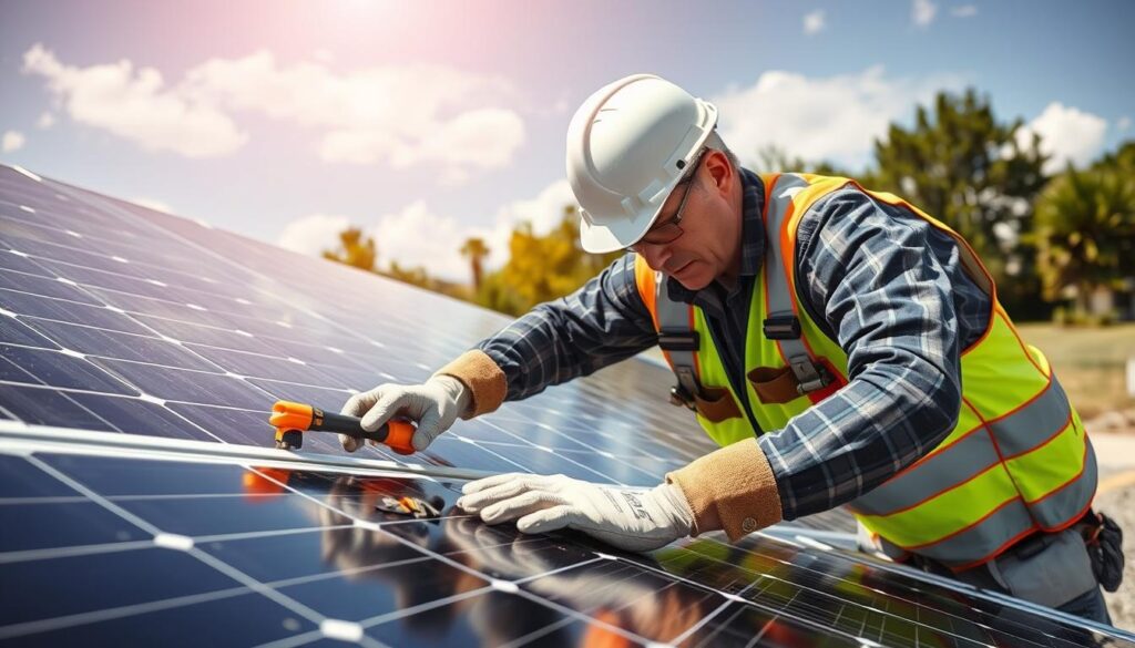Generate an image of a solar panel technician inspecting and cleaning panels.