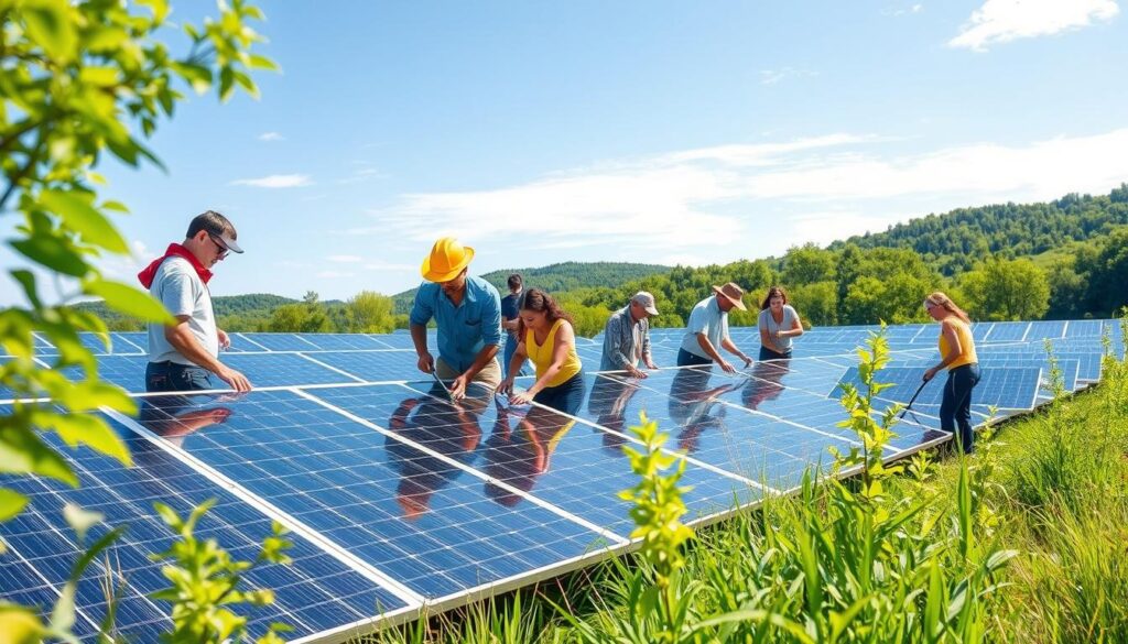 Generate an image of a team cleaning solar panels in Albany County.