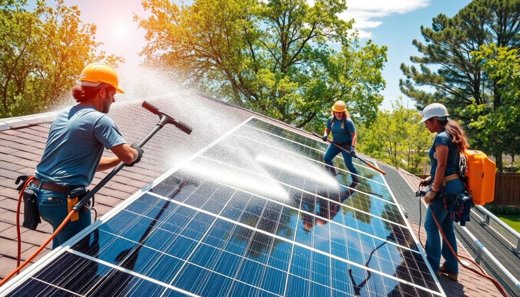 Generate an image of a team cleaning solar panels on a residential property in Arlington.
