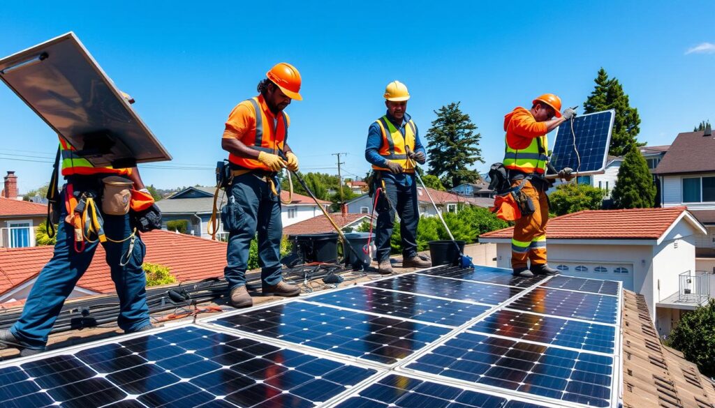Generate an image of a team cleaning solar panels on a residential roof in Oakland.