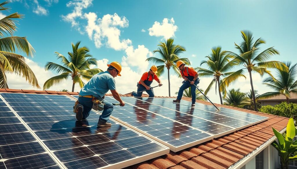 Generate an image of a team from Pacific Panel Cleaners cleaning solar panels on a residential roof in Honolulu.