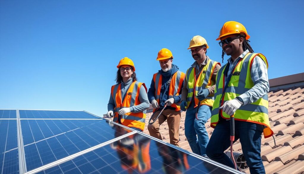 Generate an image of a team of professionals in safety gear cleaning solar panels on a rooftop in North Las Vegas.