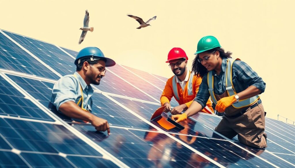 Generate an image of a team providing comprehensive solar maintenance, including bird proofing.