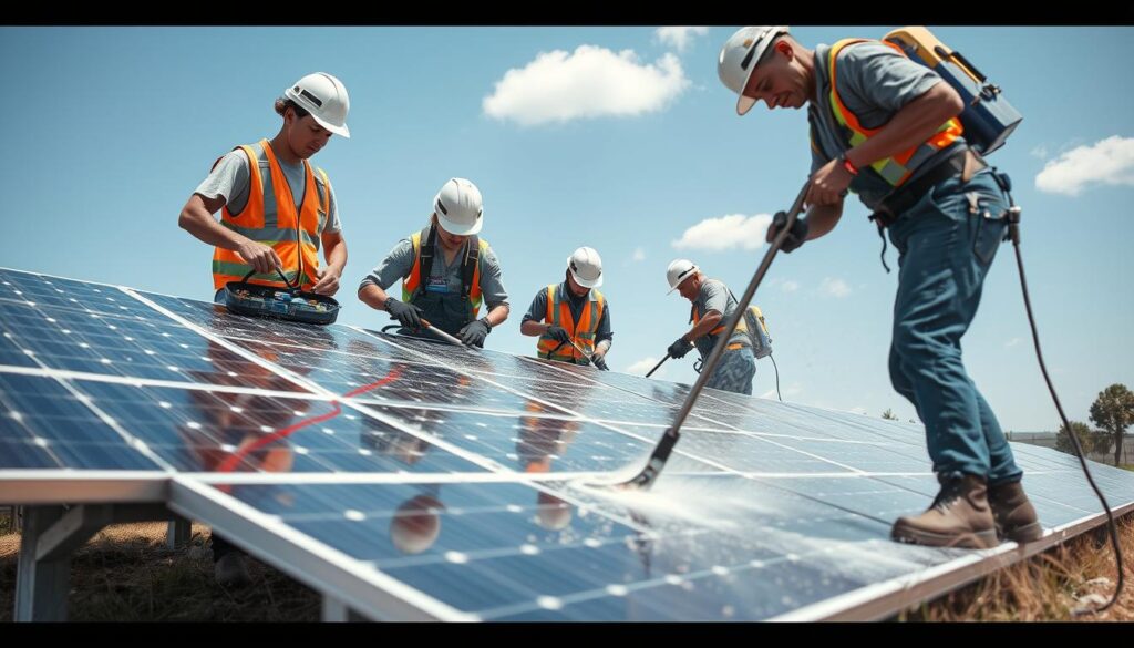 Generate an image of a team using specialized equipment for ground-level solar panel cleaning.