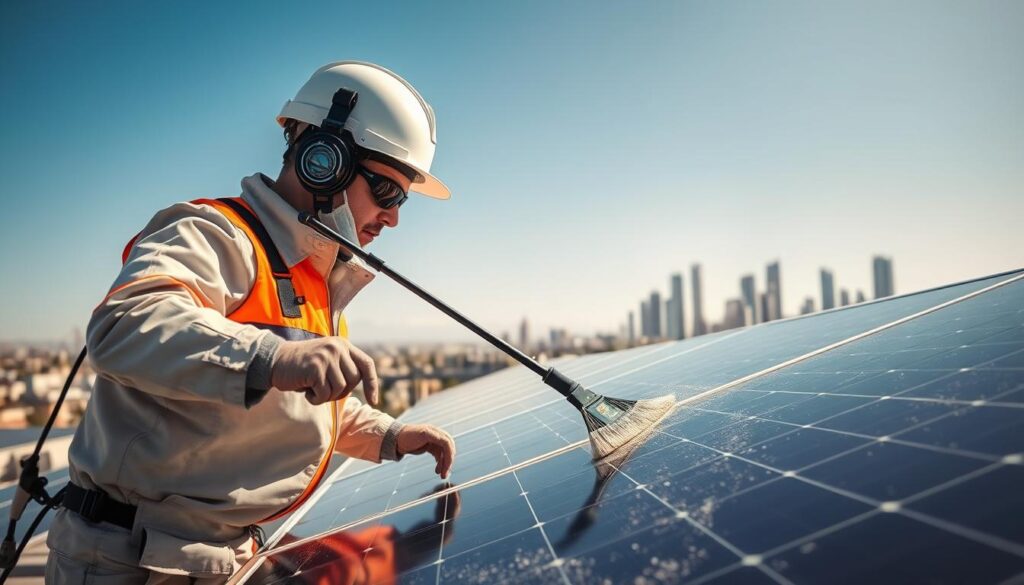 Generate an image of a technician cleaning solar panels in Los Angeles.