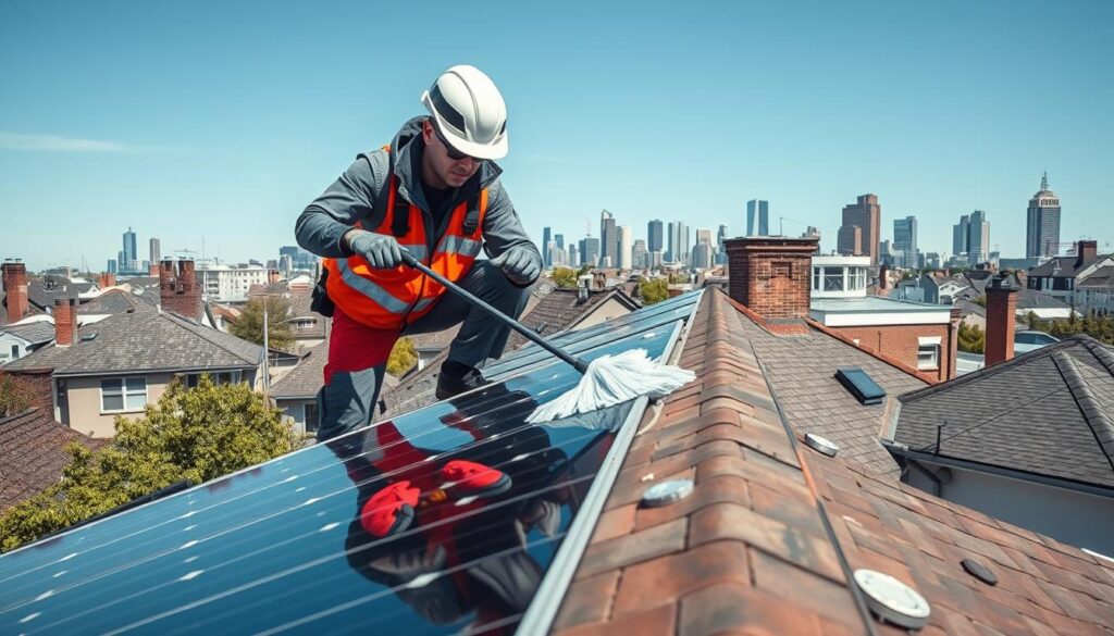 Generate an image of a technician cleaning solar panels in a residential area of New York.