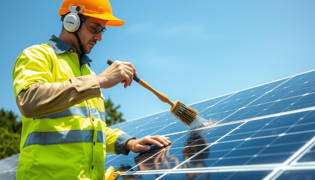 Generate an image of a technician cleaning solar panels with a soft-bristled brush and purified water.