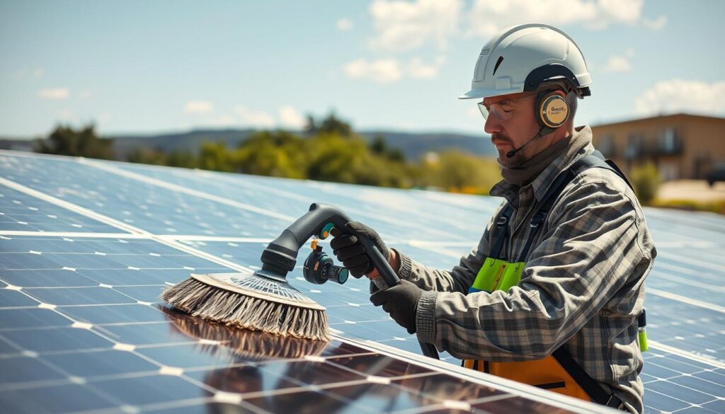 Generate an image of a technician cleaning solar panels with eco-friendly equipment.