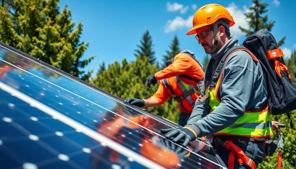 Generate an image of a technician from AA Window and Gutter Cleaning safely cleaning solar panels on a roof in Vancouver, WA.