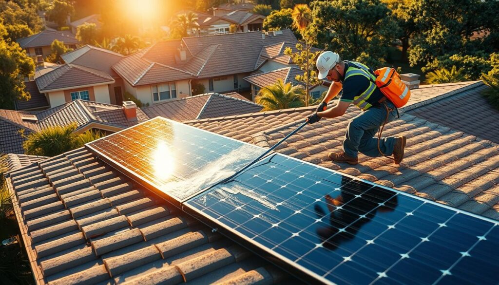 Generate an image of a technician from ATX Soft Wash cleaning solar panels on a residential roof in Austin, TX.
