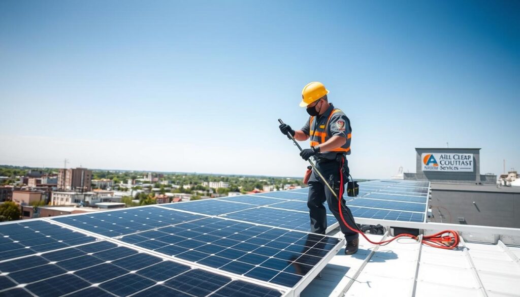 Generate an image of a technician from All Clear Services cleaning solar panels in Rochester, NY