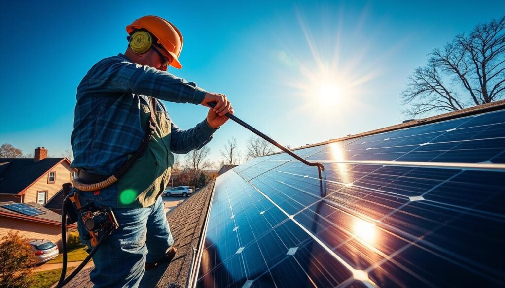 Generate an image of a technician from Alternative Power Solutions of NY, LLC, cleaning solar panels on a residential roof in Utica.