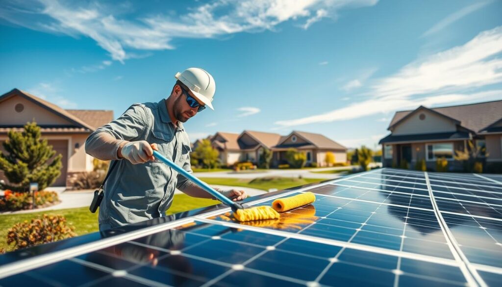 Generate an image of a technician from Clean Solar Solutions cleaning solar panels in Orem, UT.