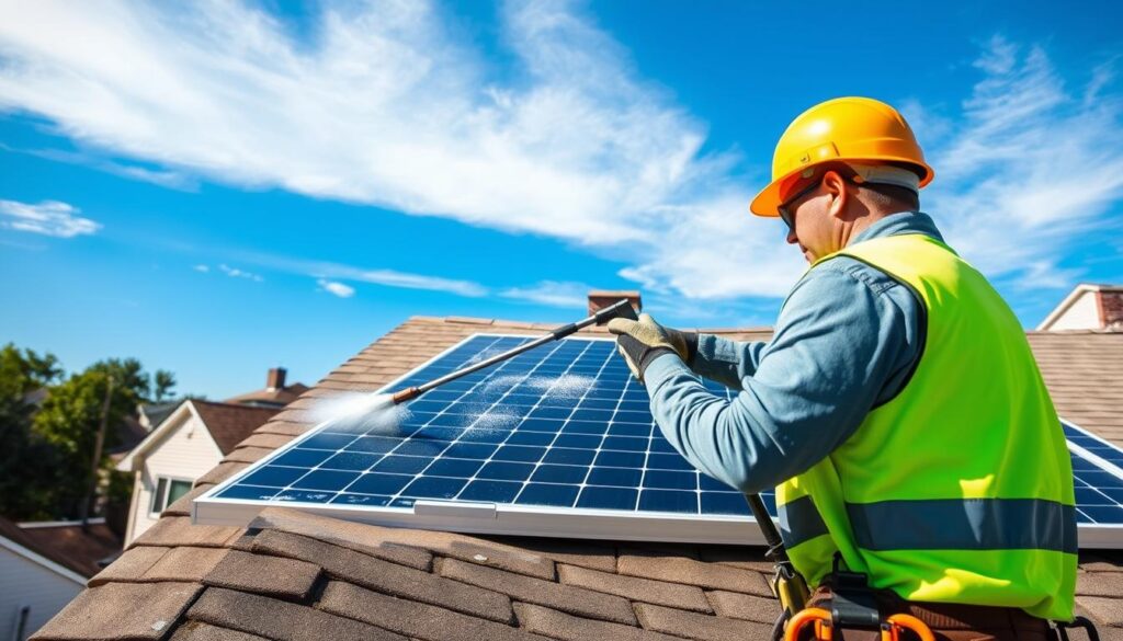 Generate an image of a technician from Clearview Washing, LLC cleaning solar panels on a residential rooftop in Passaic, NJ.