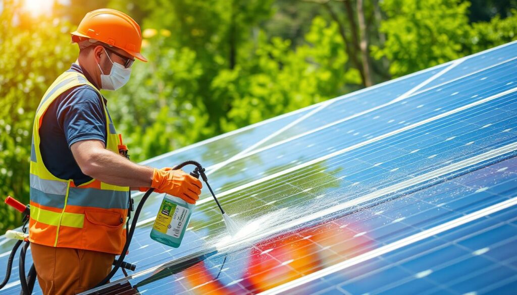 Generate an image of a technician from Creative Exterior LLC using eco-friendly cleaning solutions on solar panels in North Carolina.