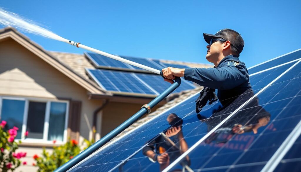 Generate an image of a technician from Eco-Friendly Panel Cleaners using a water-fed pole to clean solar panels on a home in Orem, UT.