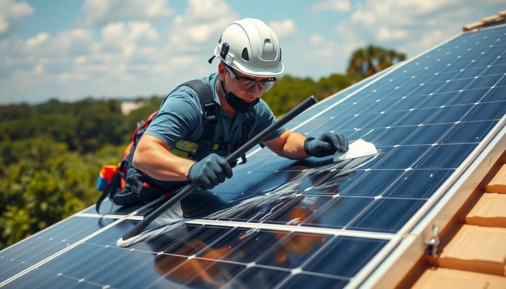 Generate an image of a technician from First Coast Home Pros cleaning solar panels in Jacksonville, FL.