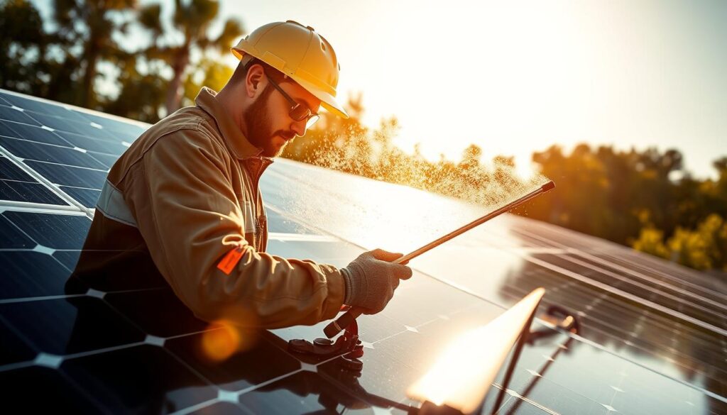 Generate an image of a technician from Green Side Pro Wash cleaning solar panels in Concord, NC.