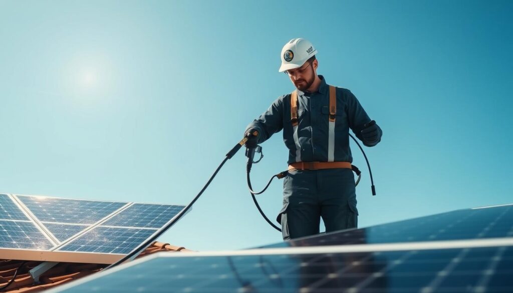 Generate an image of a technician from H2O Mobile Pressure Washing cleaning solar panels with a pressure washer.