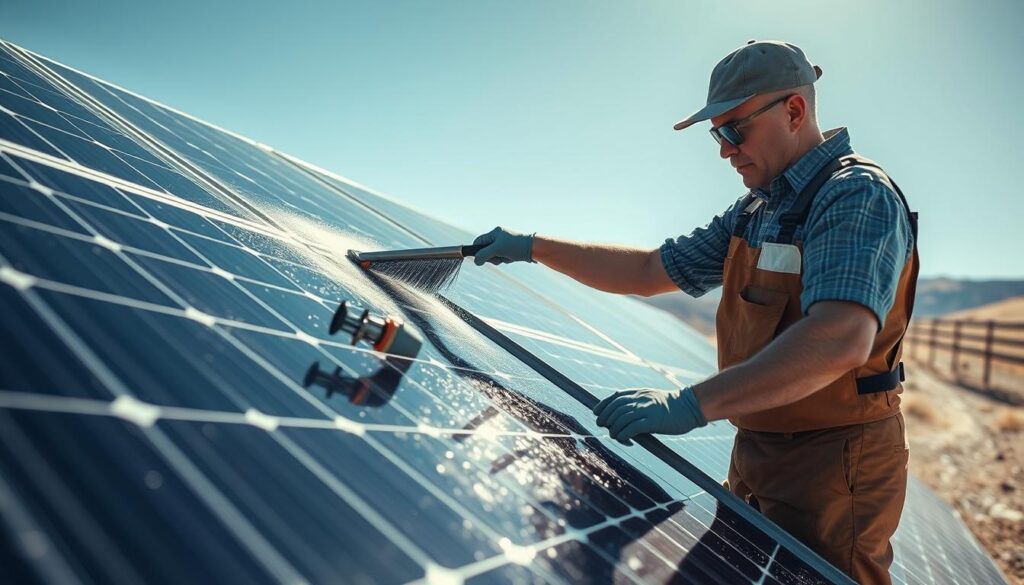 Generate an image of a technician from M2 Cleaning cleaning solar panels in Fernley, NV.