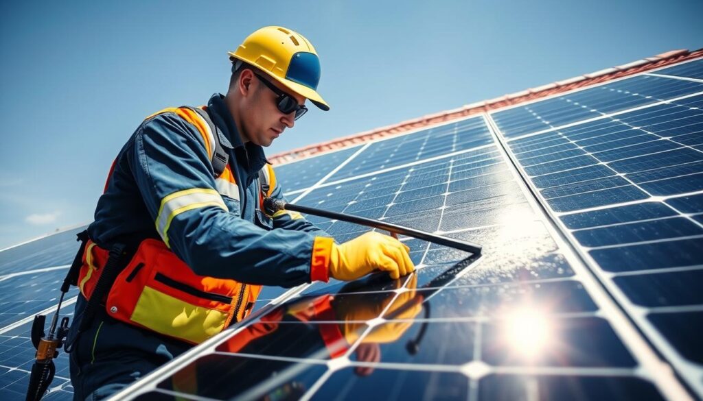 Generate an image of a technician from Palm Coast Solar Cleaning cleaning solar panels in Anaheim, CA.