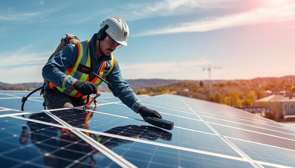 Generate an image of a technician from Shine Window Washing cleaning solar panels in Waterbury, CT.