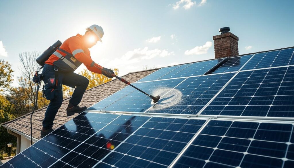 Generate an image of a technician from SunPro Cleaning Solutions cleaning solar panels on a residential roof in Yonkers.