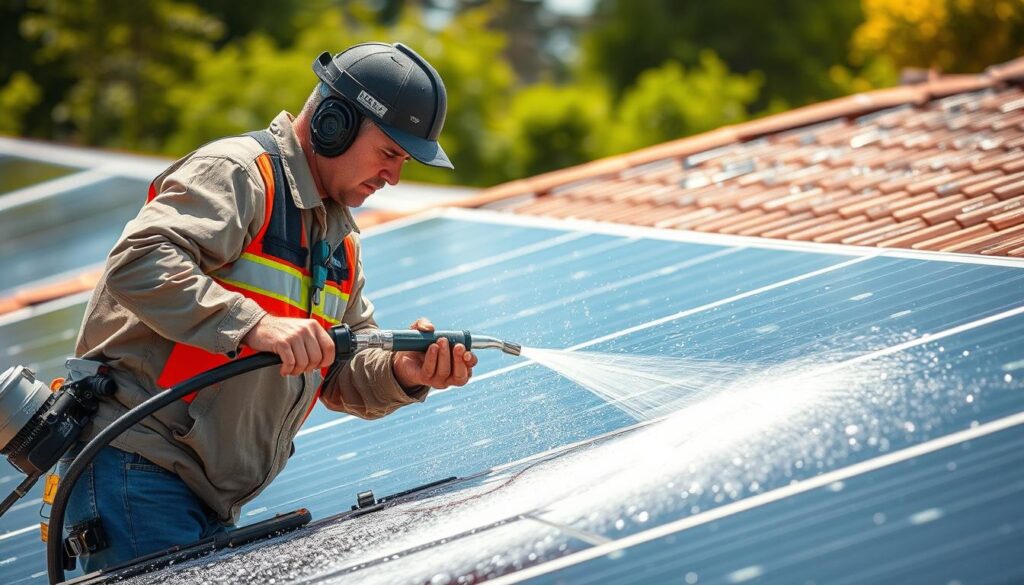 Generate an image of a technician from Supreme Pressure Wash CT cleaning solar panels with a deionizing water system.