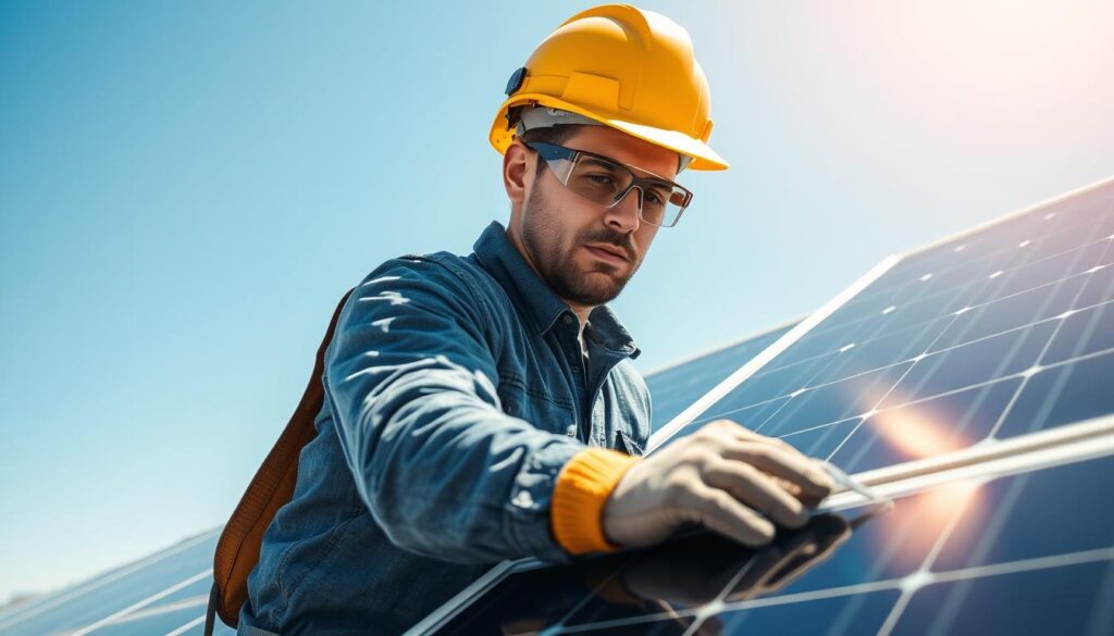 Generate an image of a technician from TechCity Electric cleaning solar panels in Fernley, NV.