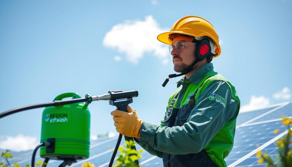 Generate an image of a technician from The Region Softwash cleaning solar panels with eco-friendly equipment.