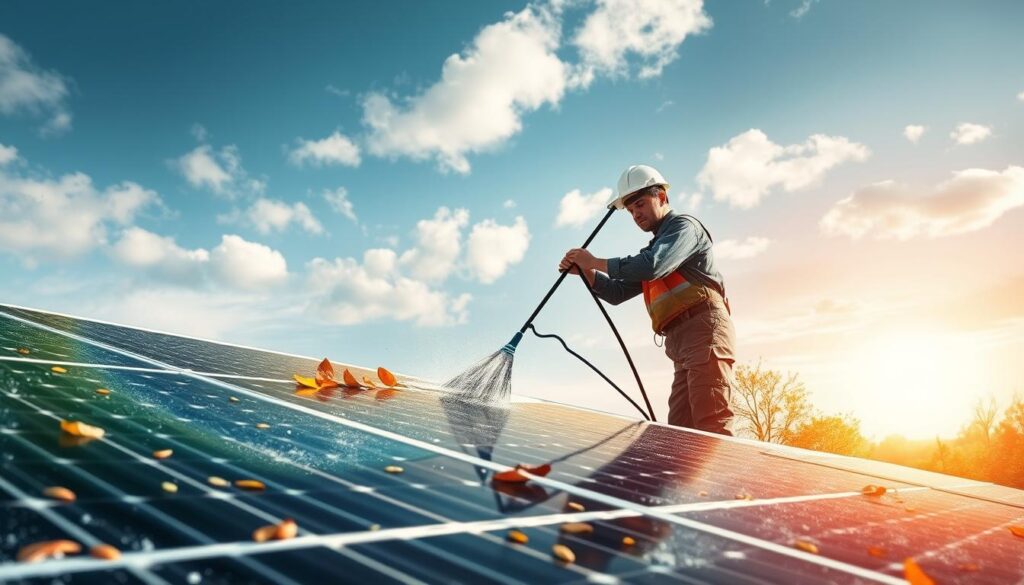 Generate an image of a technician inspecting and cleaning solar panels during different seasons.