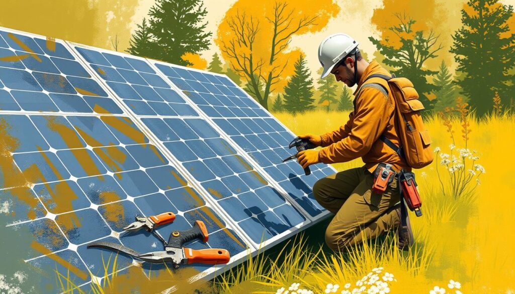 Generate an image of a technician installing protective measures against wildlife damage on solar panels.