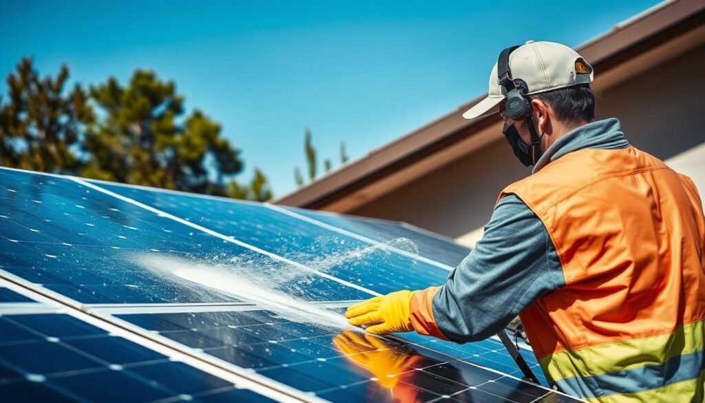Generate an image of a technician using ASI Softwash's soft washing technique on solar panels.