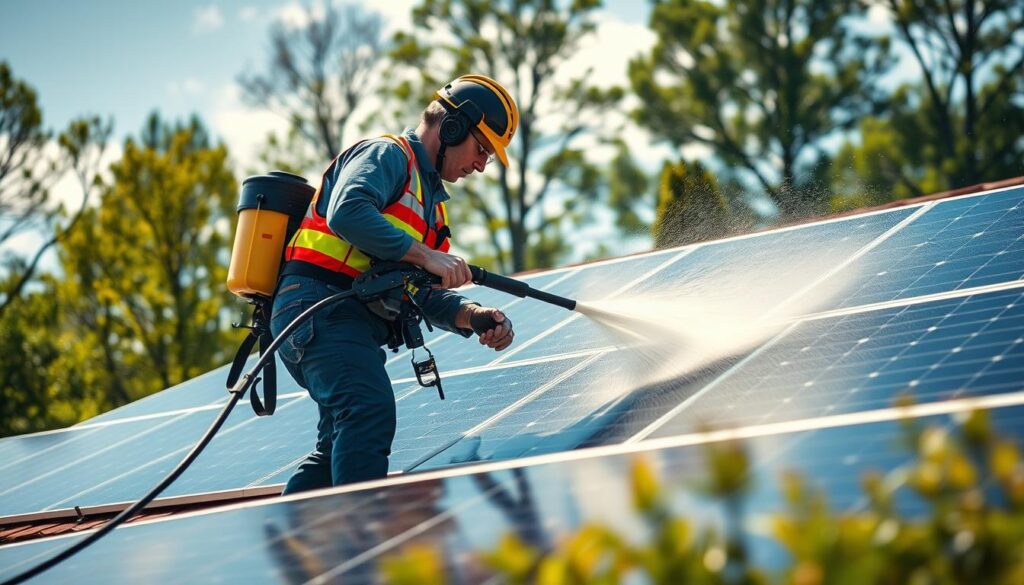 Generate an image of a technician using a soft wash system to clean solar panels on a residential roof in Augusta, GA.