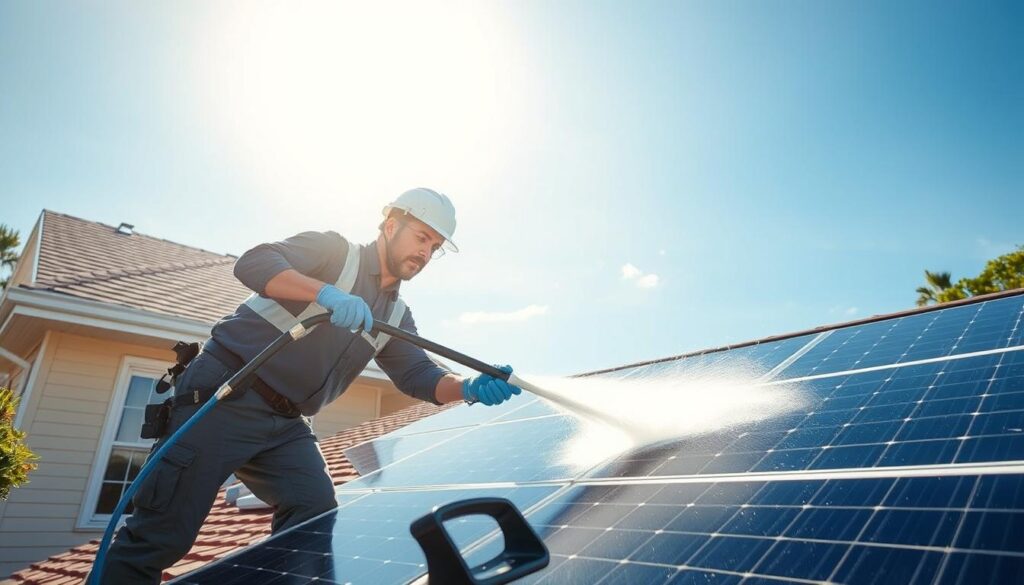 Generate an image of a technician using a soft washing technique on solar panels in Wilmington, NC.