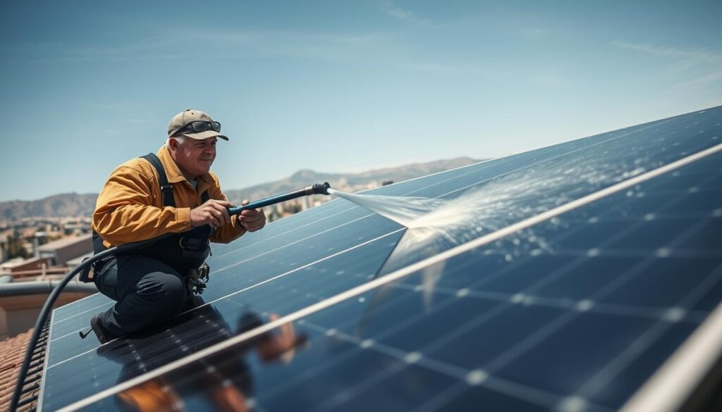 Generate an image of a technician using a water-fed pole to clean solar panels on a rooftop in Orem, UT.
